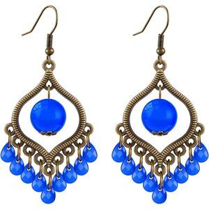 Blue Beads Tassels Retro Teardrop Vintage Long Summer Earring for Women Jewelry